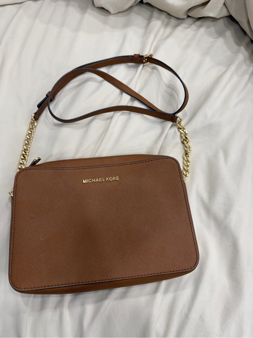 MICHAEL KORS Brown Saffiano Leather Crossbody with Gold Chain